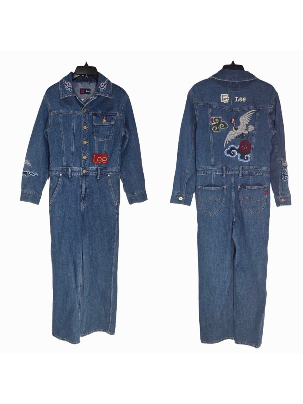 Rare Lee 101 Embroidered Jumpsuit Coveralls S Crane Asian Oriental Y2K Grunge